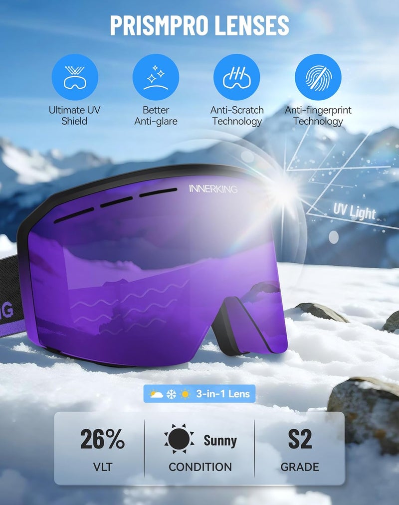 Innerking Ski/Snowboard Goggles OTG for Men Women & Youth - Over Glasses Snow Sports Goggles Anti Fog 100% UV400 Protection - Image 4